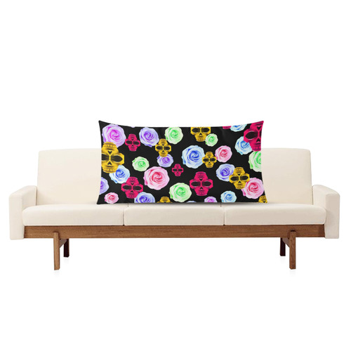 skull portrait in pink and yellow with colorful rose and black background Rectangle Pillow Case 20"x36"(Twin Sides)