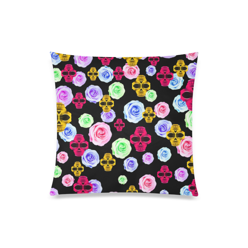 skull portrait in pink and yellow with colorful rose and black background Custom Zippered Pillow Case 20"x20"(One Side)