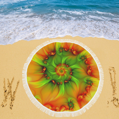 Hot Summer Green Orange Abstract Colorful Fractal Circular Beach Shawl 59"x 59"