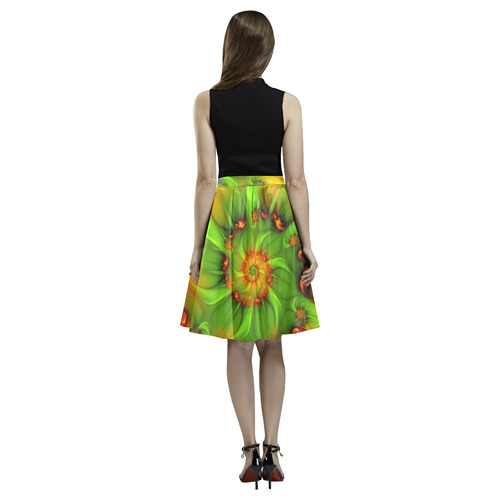Hot Summer Green Orange Abstract Colorful Fractal Melete Pleated Midi Skirt (Model D15)