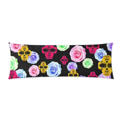 skull portrait in pink and yellow with colorful rose and black background Custom Zippered Pillow Case 21"x60"(Two Sides)