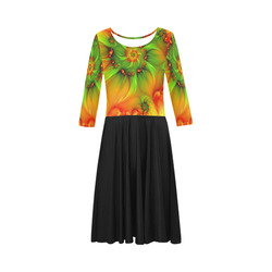 Hot Summer Green Orange Abstract Colorful Fractal Elbow Sleeve Ice Skater Dress (D20)
