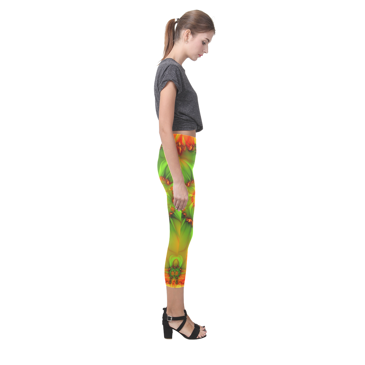 Hot Summer Green Orange Abstract Colorful Fractal Capri Legging (Model L02)