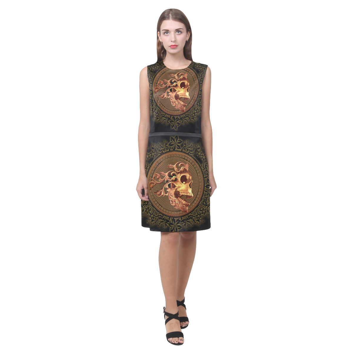 Amazing skull with floral elements Eos Women's Sleeveless Dress (Model D01)