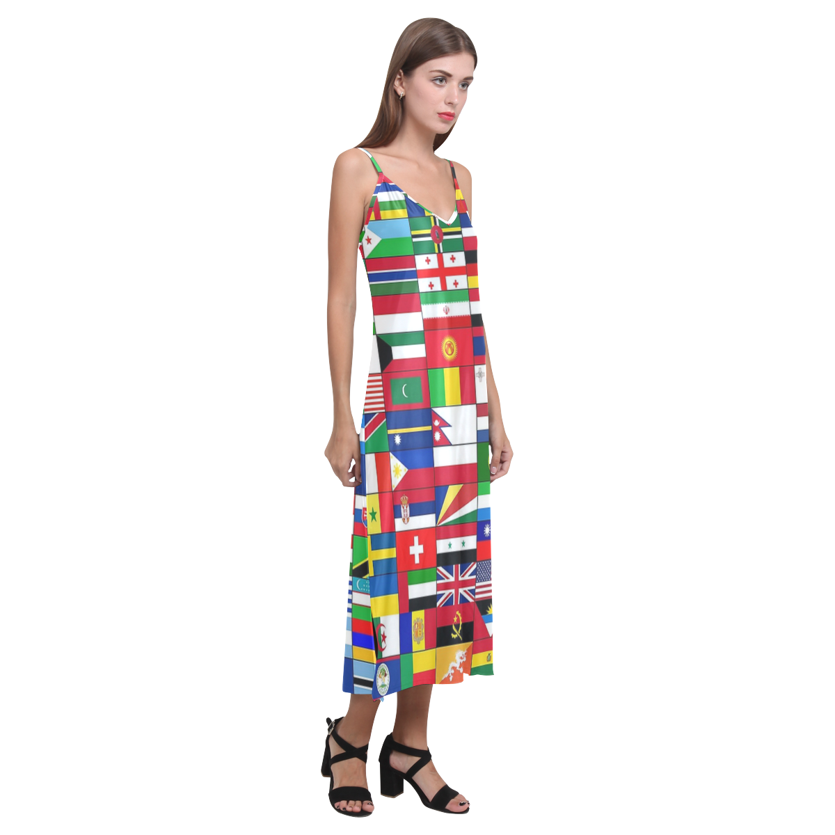 WORLD FLAGS 2 V-Neck Open Fork Long Dress(Model D18)