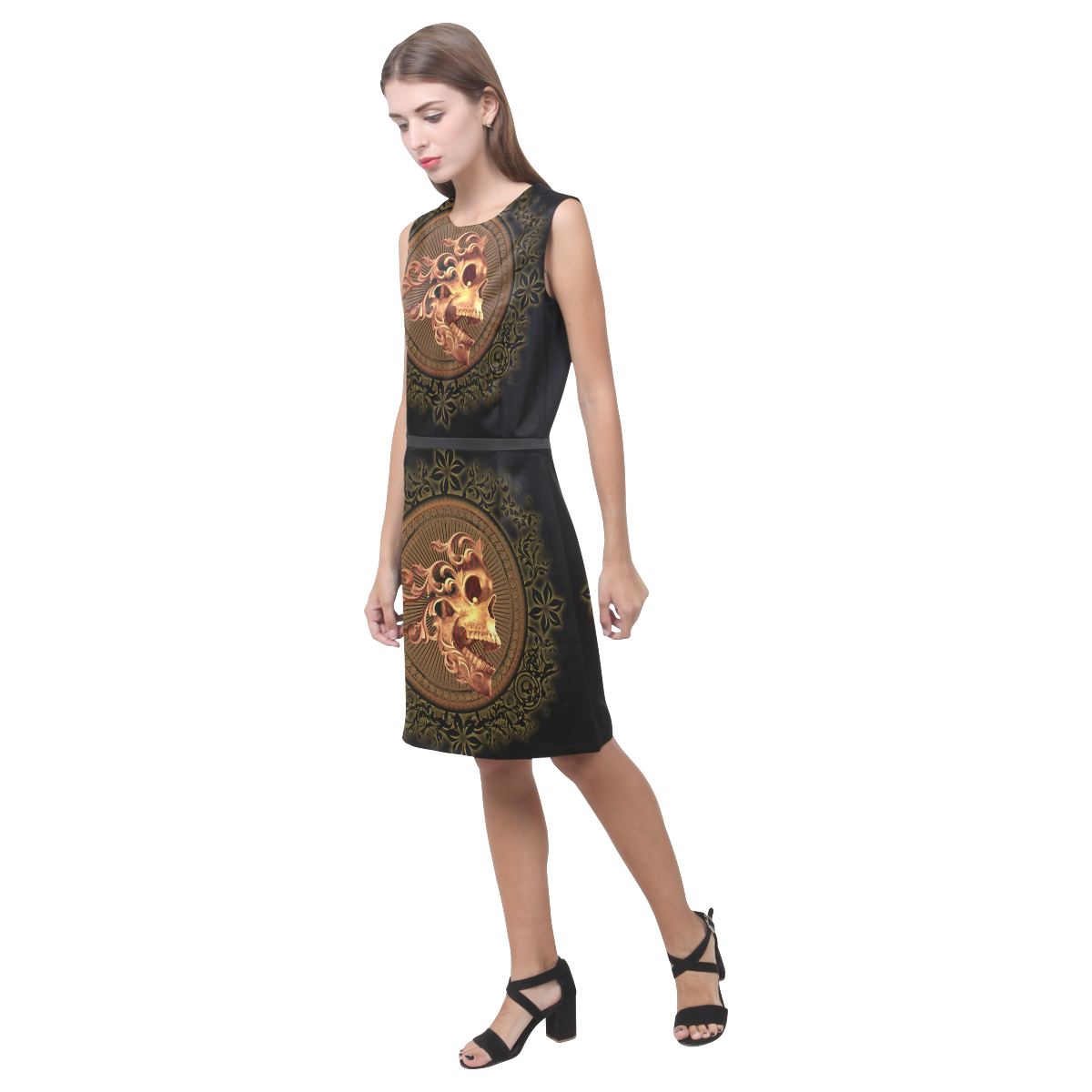 Amazing skull with floral elements Eos Women's Sleeveless Dress (Model D01)