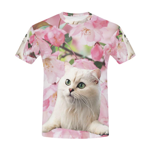 Cat and Flowers All Over Print T-Shirt for Men (USA Size) (Model T40)
