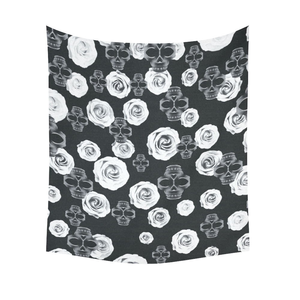 vintage skull and rose abstract pattern in black and white Cotton Linen Wall Tapestry 51"x 60"