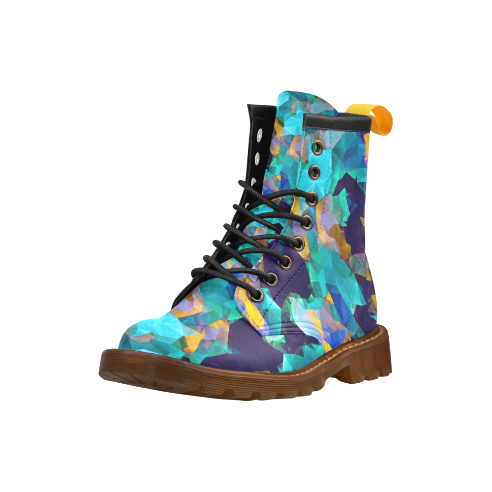 psychedelic geometric polygon abstract pattern in green blue brown yellow High Grade PU Leather Martin Boots For Men Model 402H
