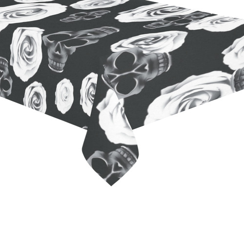 vintage skull and rose abstract pattern in black and white Cotton Linen Tablecloth 60"x 104"