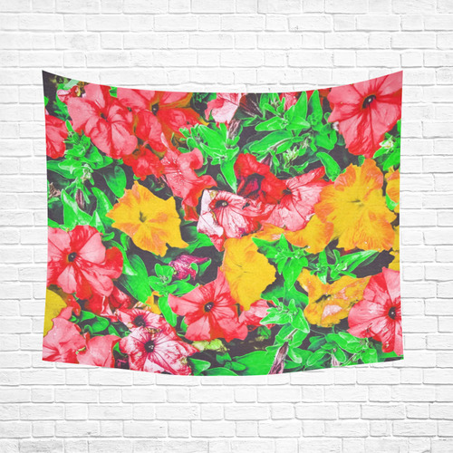 closeup flower abstract background in pink red yellow with green leaves Cotton Linen Wall Tapestry 60"x 51"