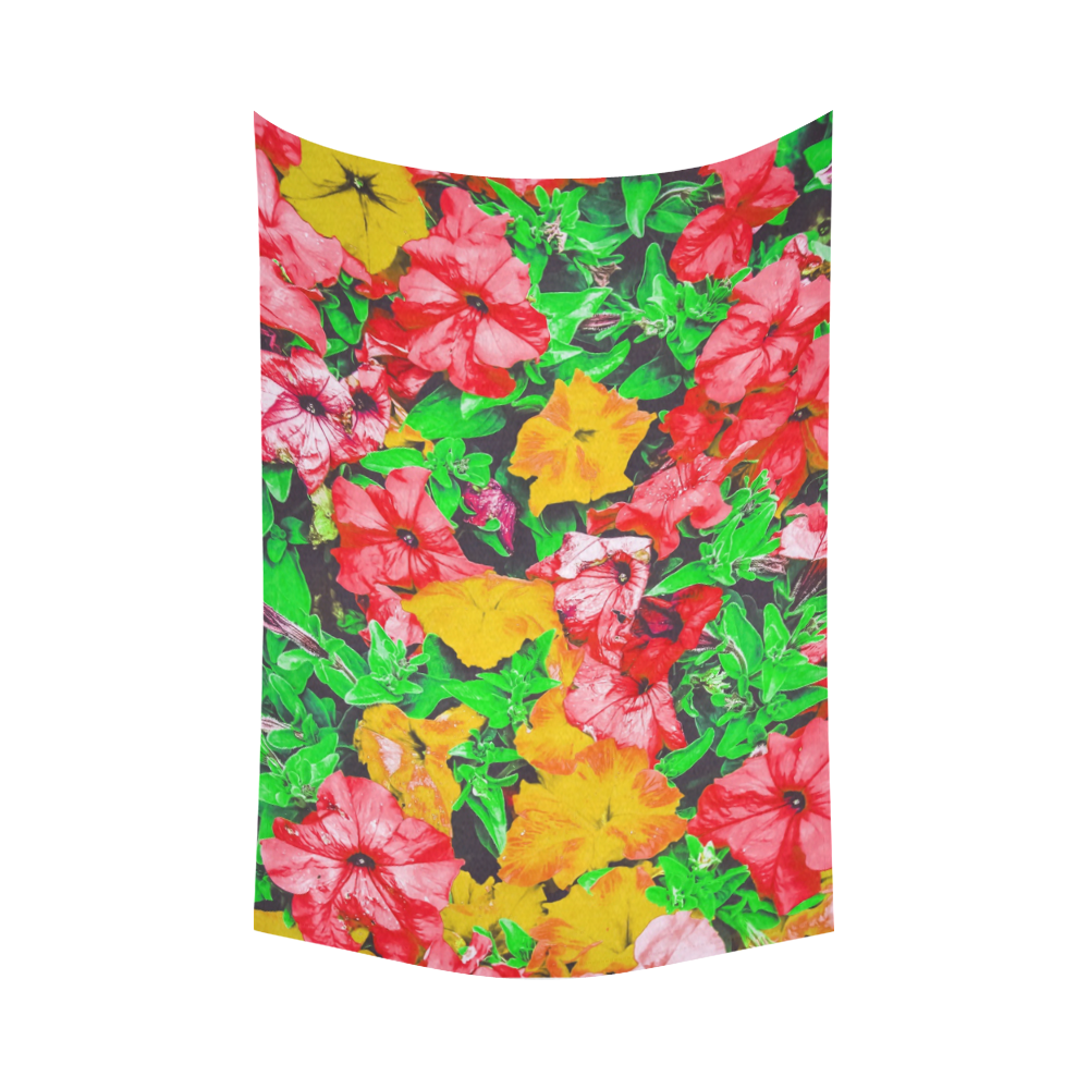 closeup flower abstract background in pink red yellow with green leaves Cotton Linen Wall Tapestry 90"x 60"
