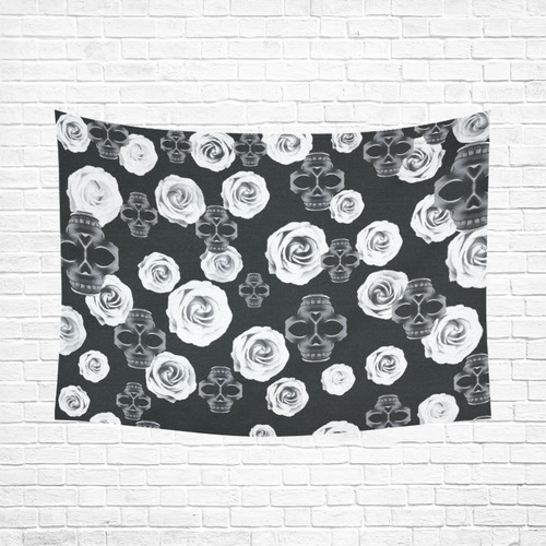 vintage skull and rose abstract pattern in black and white Cotton Linen Wall Tapestry 80"x 60"