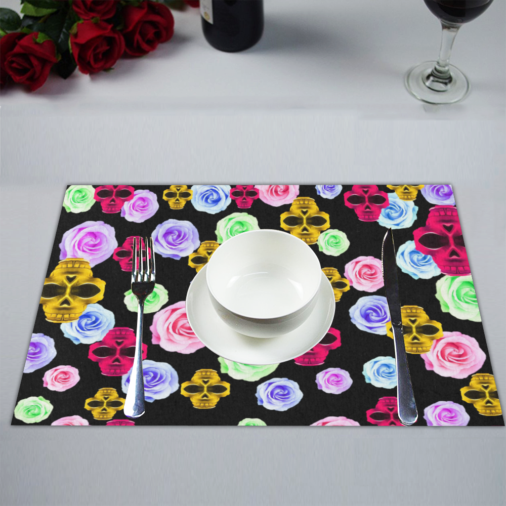 skull portrait in pink and yellow with colorful rose and black background Placemat 14’’ x 19’’