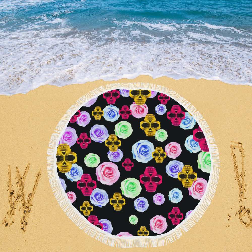 skull portrait in pink and yellow with colorful rose and black background Circular Beach Shawl 59"x 59"