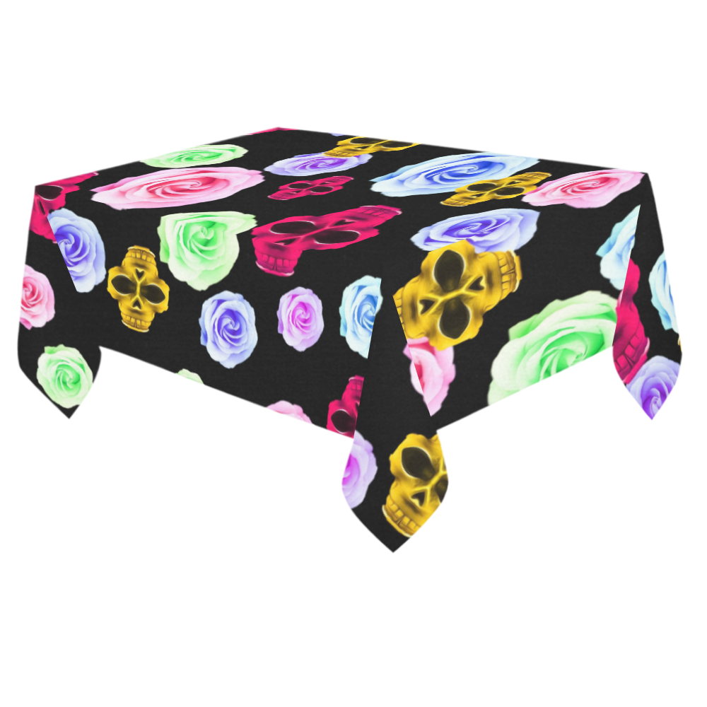 skull portrait in pink and yellow with colorful rose and black background Cotton Linen Tablecloth 60"x 84"