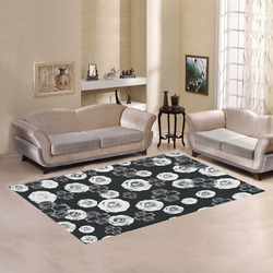 vintage skull and rose abstract pattern in black and white Area Rug7'x5'