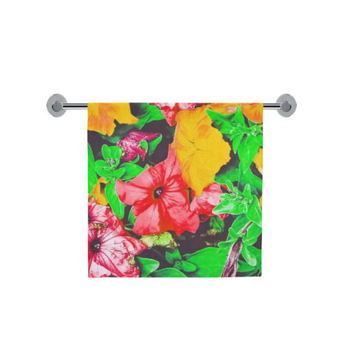 closeup flower abstract background in pink red yellow with green leaves Bath Towel 30"x56"
