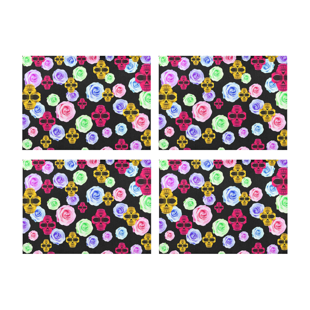 skull portrait in pink and yellow with colorful rose and black background Placemat 14’’ x 19’’ (Set of 4)