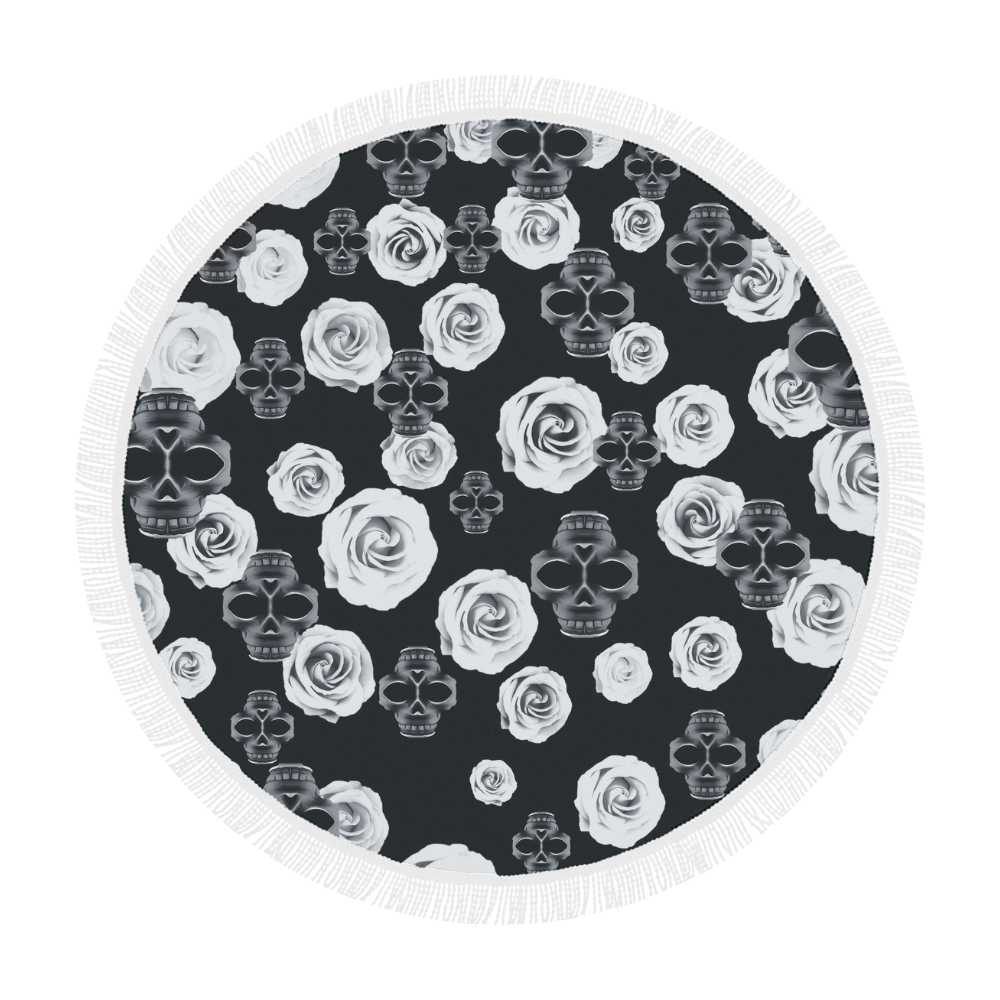 vintage skull and rose abstract pattern in black and white Circular Beach Shawl 59"x 59"