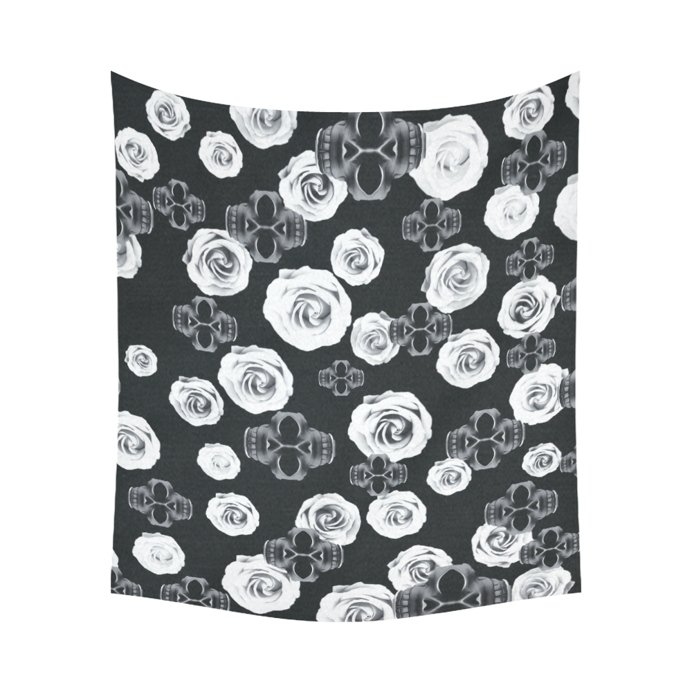 vintage skull and rose abstract pattern in black and white Cotton Linen Wall Tapestry 60"x 51"