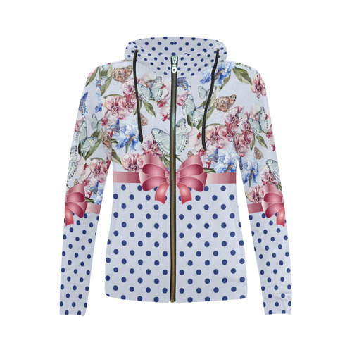 Watercolor Flowers Butterflies Polka Dots Ribbon B All Over Print Full Zip Hoodie for Women (Model H14)