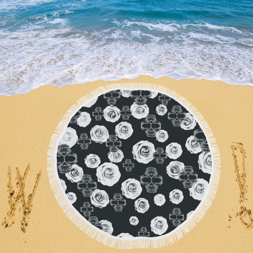 vintage skull and rose abstract pattern in black and white Circular Beach Shawl 59"x 59"