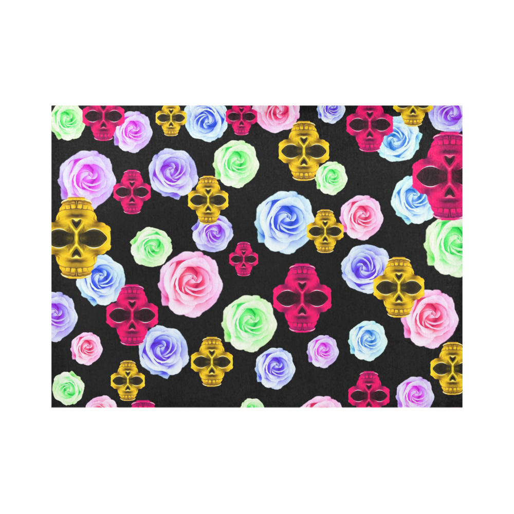 skull portrait in pink and yellow with colorful rose and black background Placemat 14’’ x 19’’ (Set of 4)