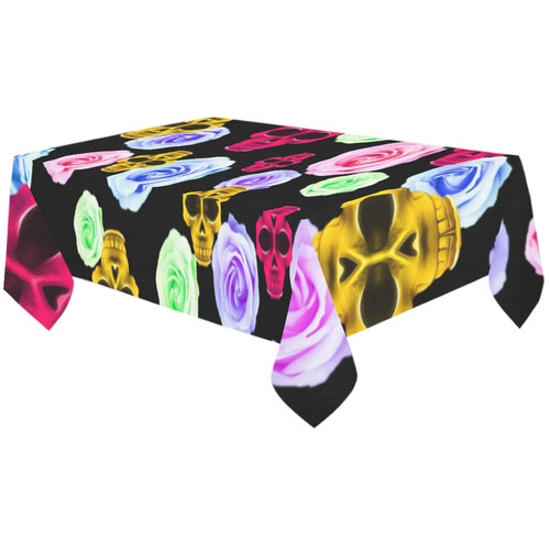 skull portrait in pink and yellow with colorful rose and black background Cotton Linen Tablecloth 60"x120"