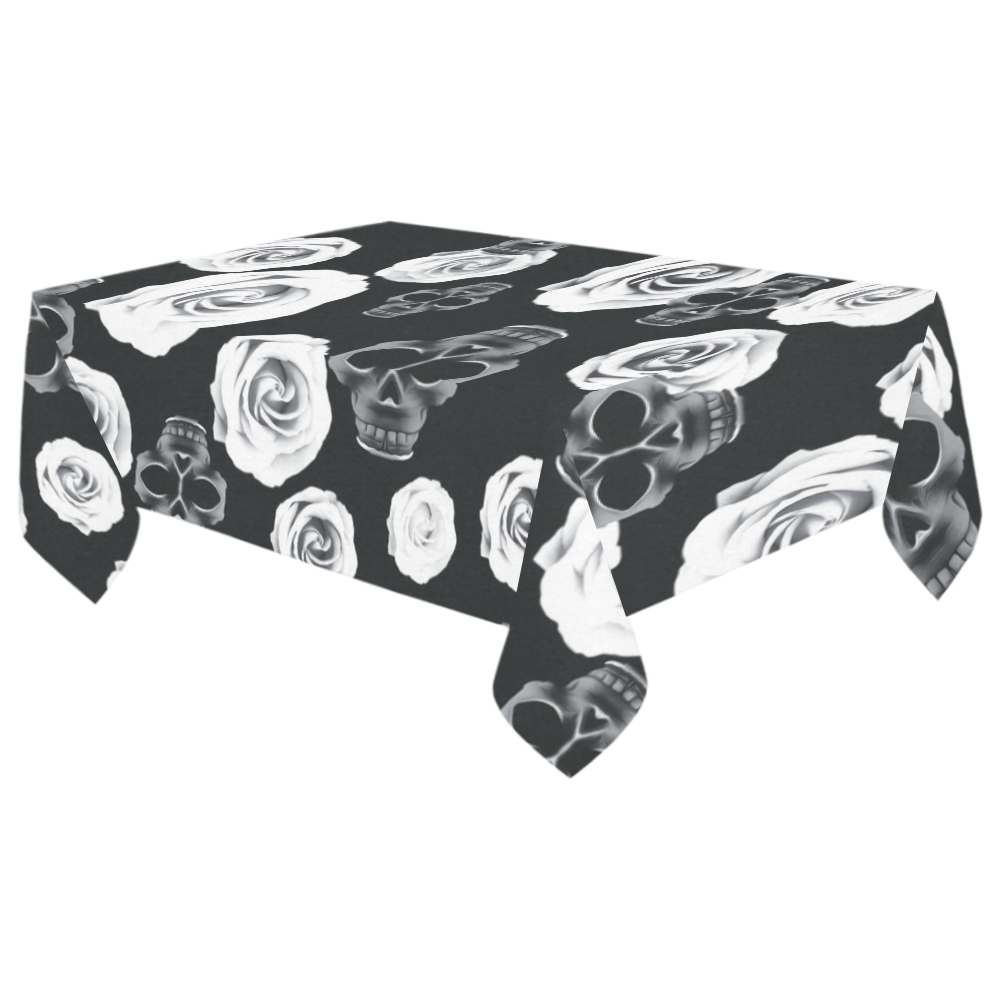 vintage skull and rose abstract pattern in black and white Cotton Linen Tablecloth 60"x 104"