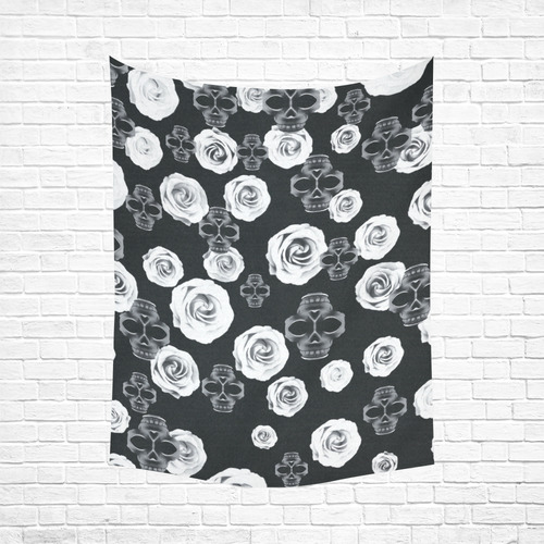 vintage skull and rose abstract pattern in black and white Cotton Linen Wall Tapestry 60"x 80"