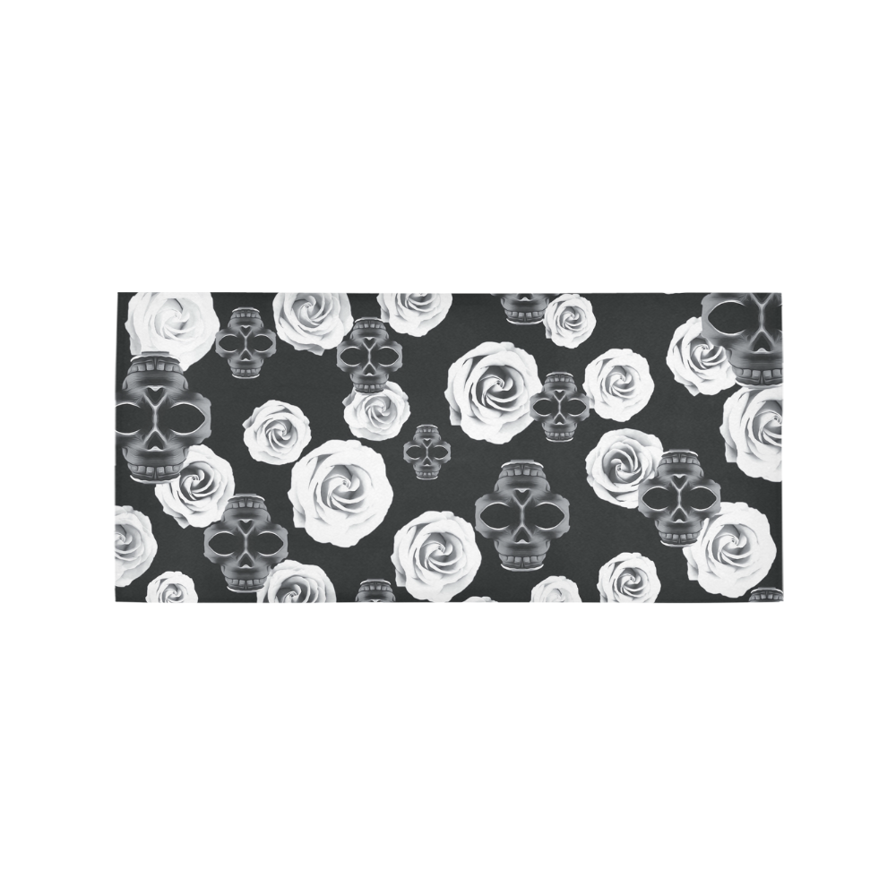 vintage skull and rose abstract pattern in black and white Area Rug 7'x3'3''