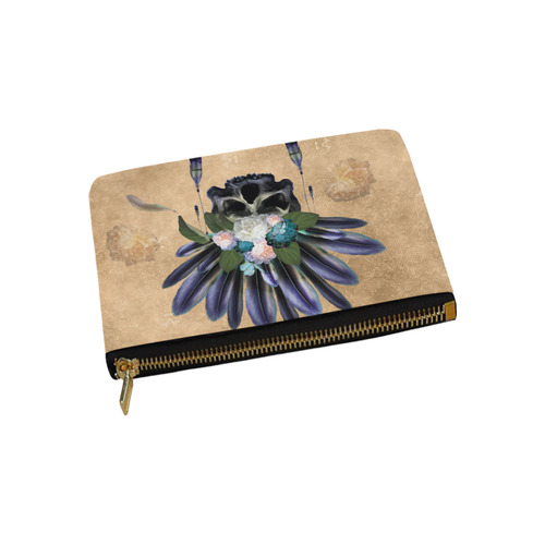 Cool skull with feathers and flowers Carry-All Pouch 9.5''x6''
