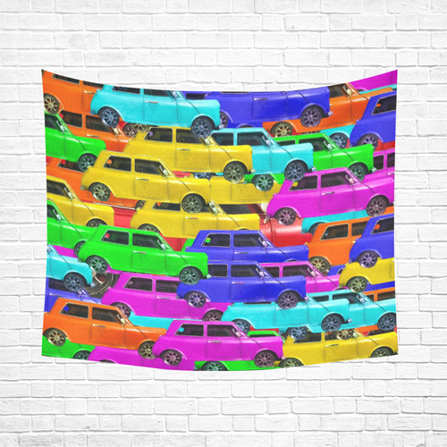 vintage car toy background in yellow blue pink green orange Cotton Linen Wall Tapestry 60"x 51"