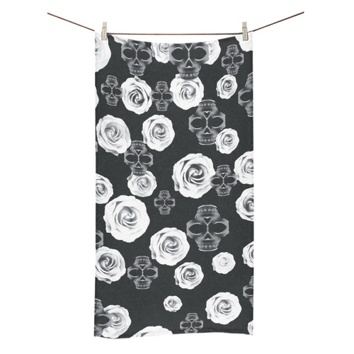 vintage skull and rose abstract pattern in black and white Bath Towel 30"x56"