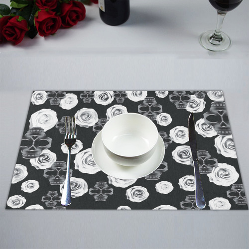 vintage skull and rose abstract pattern in black and white Placemat 14’’ x 19’’