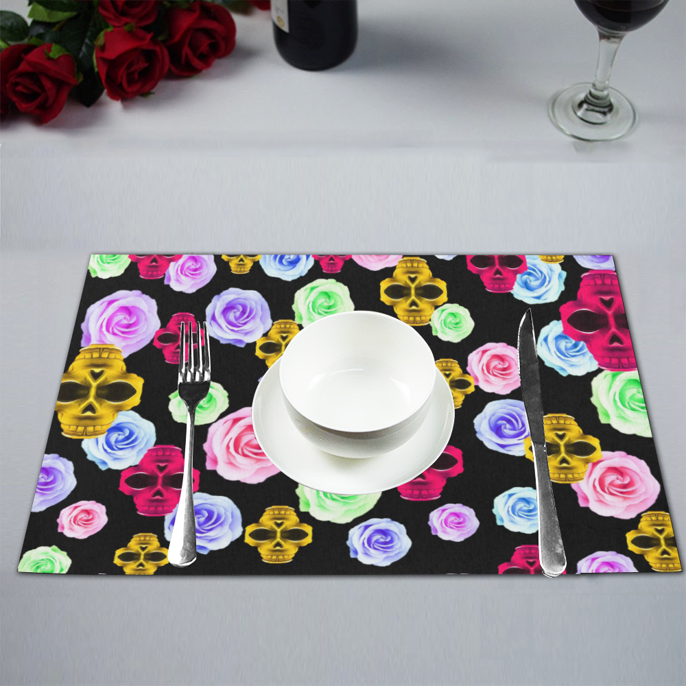 skull portrait in pink and yellow with colorful rose and black background Placemat 12’’ x 18’’ (Set of 6)