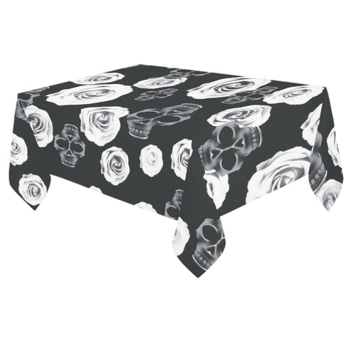 vintage skull and rose abstract pattern in black and white Cotton Linen Tablecloth 60"x 84"