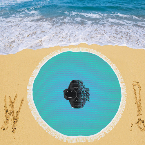 fractal black skull portrait with blue abstract background Circular Beach Shawl 59"x 59"