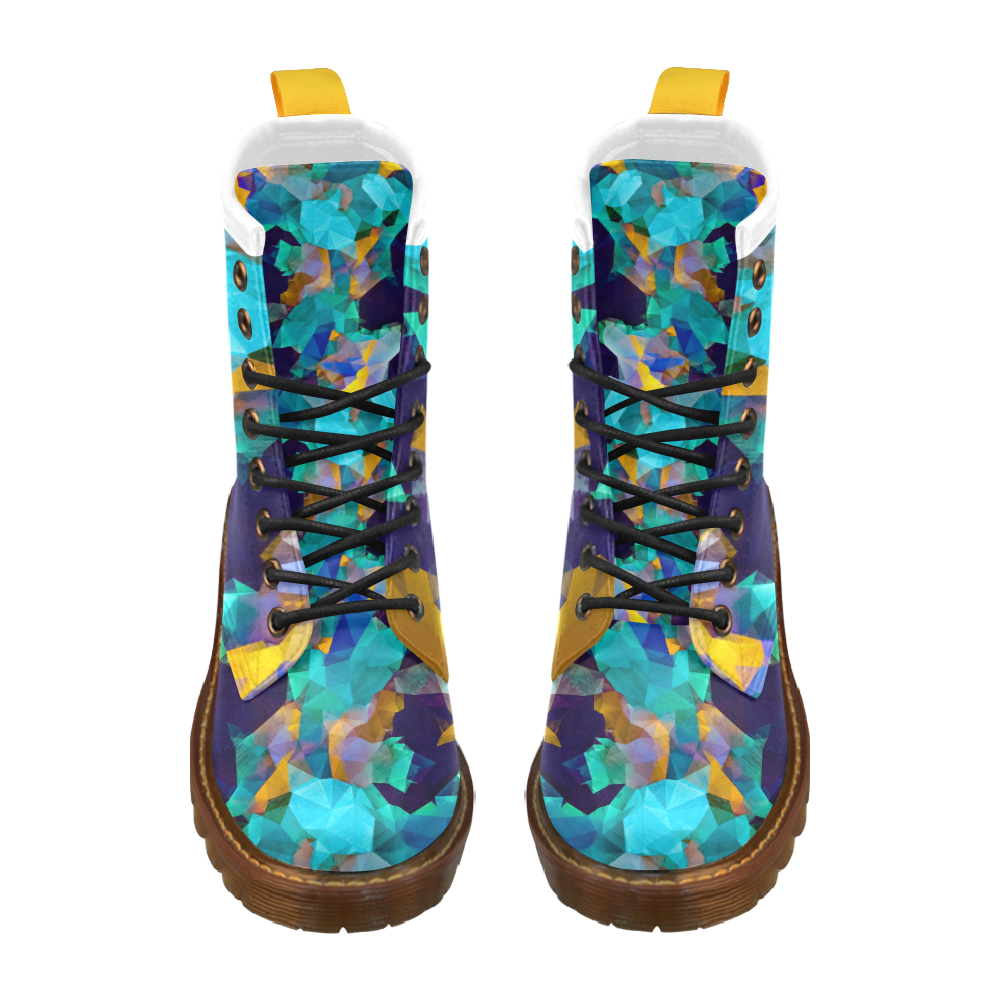 psychedelic geometric polygon abstract pattern in green blue brown yellow High Grade PU Leather Martin Boots For Men Model 402H