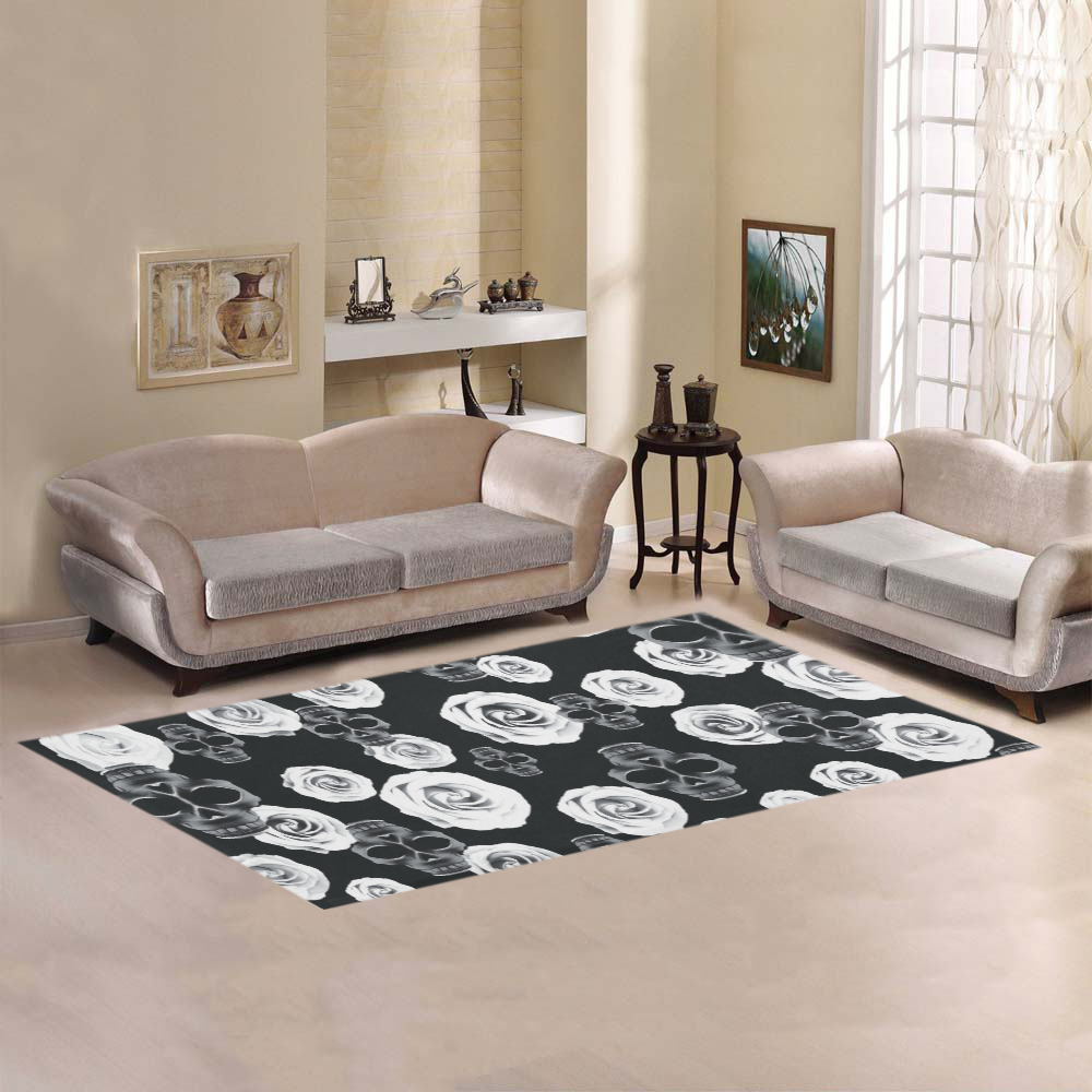 vintage skull and rose abstract pattern in black and white Area Rug 7'x3'3''