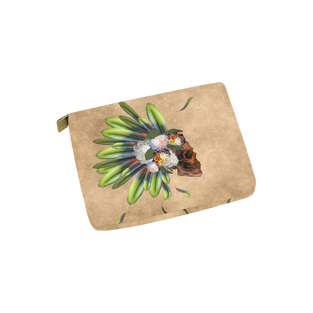 Amazing skull with feathers and flowers Carry-All Pouch 6''x5''