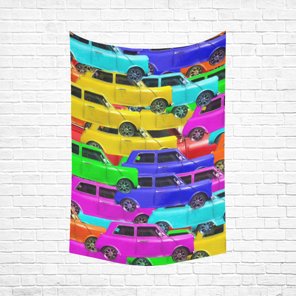 vintage car toy background in yellow blue pink green orange Cotton Linen Wall Tapestry 60"x 90"