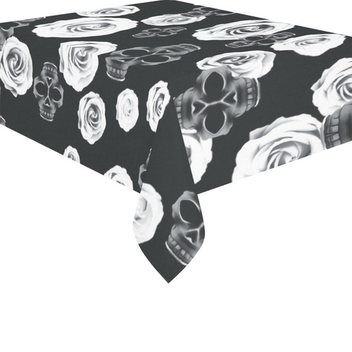 vintage skull and rose abstract pattern in black and white Cotton Linen Tablecloth 52"x 70"