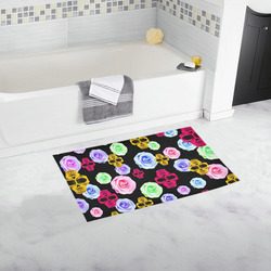 skull portrait in pink and yellow with colorful rose and black background Bath Rug 16''x 28''