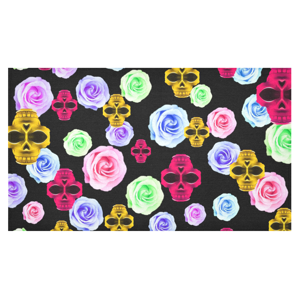 skull portrait in pink and yellow with colorful rose and black background Cotton Linen Tablecloth 60"x 104"