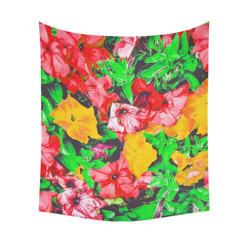 closeup flower abstract background in pink red yellow with green leaves Cotton Linen Wall Tapestry 51"x 60"