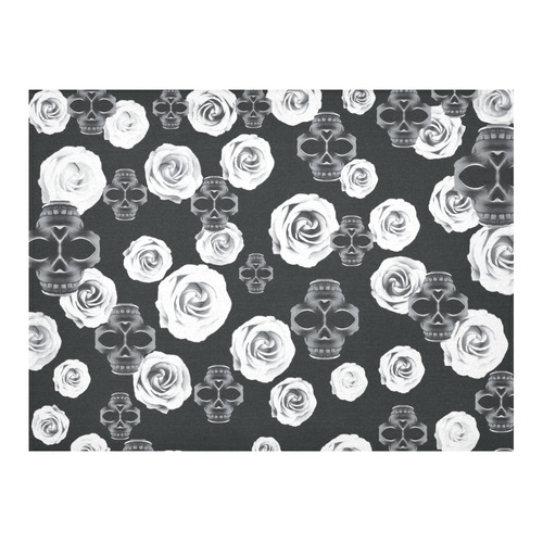 vintage skull and rose abstract pattern in black and white Cotton Linen Tablecloth 52"x 70"