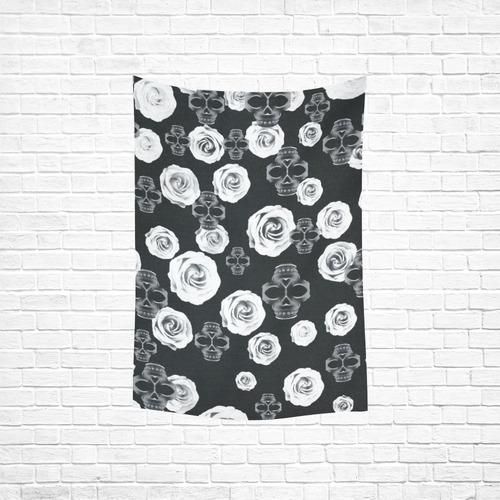 vintage skull and rose abstract pattern in black and white Cotton Linen Wall Tapestry 40"x 60"