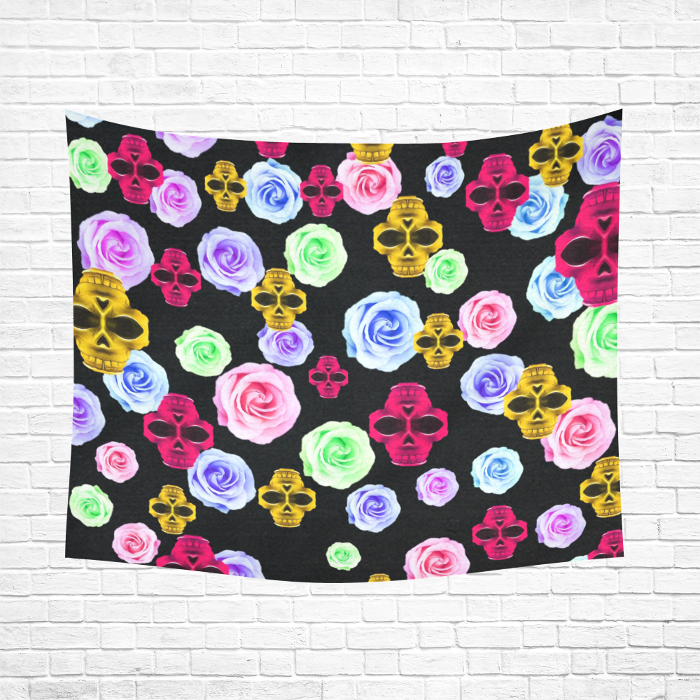 skull portrait in pink and yellow with colorful rose and black background Cotton Linen Wall Tapestry 60"x 51"
